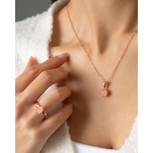 Ervanur Kadın Rose Kaplama Beyaz Zirkon Taşlı Lotus Çiçeği Kolye Yüzük Set