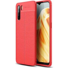 Case 4U Oppo A91 Kılıf Rugan Armor Deri Görünümlü Yüksek Kalite Silikon Niss Kırmızı