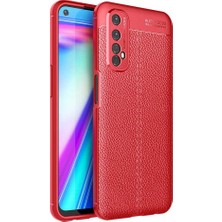 Case 4U Oppo Realme 7 Kılıf Rugan Armor Deri Görünümlü Yüksek Kalite Silikon Niss Kırmızı