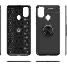 Case 4U Samsung Galaxy M21 Kılıf Autofocus Shockprof Ravel Yüzüklü Standlı Slikon Kapak Siyah