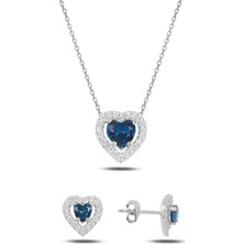 Gümüş Takı Dünyası Rodyum Kaplama Safir Zirkon (Lacivert) Kalp Renkli Zirkon Taşlı Tektaş Gümüş Kadın Set