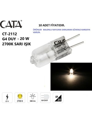 Cata 10 Adet Cata CT-2112 12V 20W Kapsül Ampul Lamba G4 Duy Günışığı Iğne Ayaklı Avize Ampulü