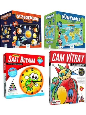 Ca Yer Puzzle Gezegenler +Dünyamız + Kumtoys Saat Boyama + Cam Viitray (4'lü Set)