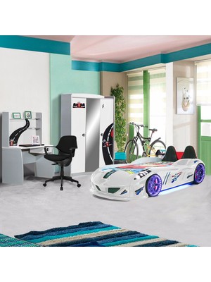 Setay Formula Çocuk Odası Dolap Masa Jaguar Koltuklu Full Ledli Beyaz Arabalı Yatak