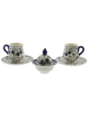 Otantik Çini Mavi Haliç Dekorlu 2 Li Fincan Takımı 6x6 cm Tabak 12 cm