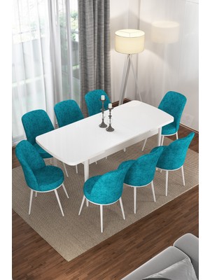Canisa Concept Via Serisi Açılabilir Beyaz Renk Mutfak Masası Takımı, Yemek Masası+8 Adet Sandalye