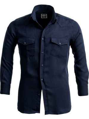 Exve Exclusive Lacivert Western Stil Cepli Keten Gömlek