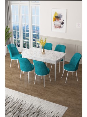 Canisa Concept Zen Serisi Mdf Açılabilir Mutfak Masası Takımı ,beyaz Mermer Desen Masa + 6 Adet Sandalye