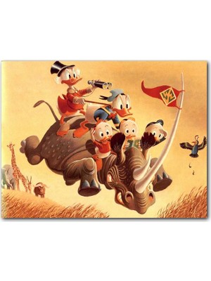 Cakatablo Ahşap Tablo Donald Duck ve Torunları Gergedan Üzerinde