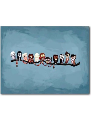 Cakatablo Ahşap Tablo Dal Üzerinde Karikatürize Baykuşlar