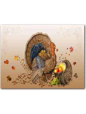 Cakatablo Ahşap Tablo Kabarık Hindi ve Sepette Meyveler