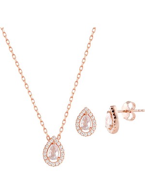 Afrodit Silver Damla Taşlı Rose Gold Kolye Küpe Gümüş Set