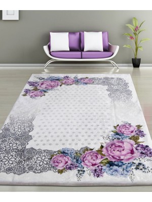 Nur Home Tekstil Süngerli Kadife Lastikli Halı Örtüsü Nrh-21 Pembe Gri Çiçekli