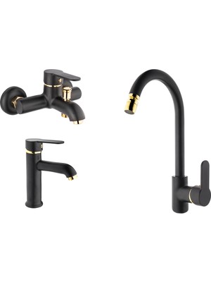 Gms Zirve Siyah Altın Banyo, Eviye, Lavabo Batarya Seti