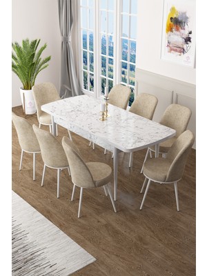 Canisa Concept Zen Serisi Mdf Açılabilir Beyaz Mermer Desen Masa Takımı + 8 Adet Sandalye
