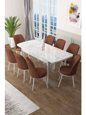 Canisa Concept Zen Serisi Mdf Açılabilir Beyaz Mermer Desen Masa Takımı + 8 Adet Sandalye