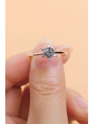 Melodi 14K Rose Gold Çiçek Motifli Tek Taş Ayarlanabilir Kadın Yüzük