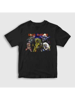 Presmono Unisex Çocuk Siyah Band Iron Maiden T-Shirt