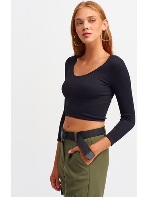 Kadın Havuz Yaka Uzun Kollu Siyah Crop Top