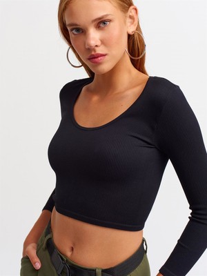 Kadın Havuz Yaka Uzun Kollu Siyah Crop Top