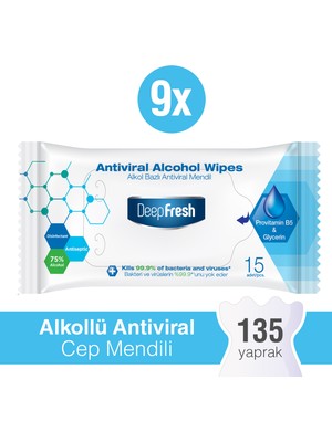 Deep Fresh Alkollü Antiviral ve Antibakteriyel Islak Cep Mendili 9 x 15 Yaprak