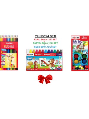 Fatih 3'lü Boyama Seti 12'li Kuru Boya Sulu Boya Pastel Boya Renkli Çizim İçin Uygun