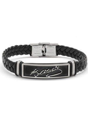 Tesbihname Atatürk Imza Tasarım Siyah Deri-Çelik Kombinli Erkek Bileklik