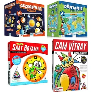 Ca Yer Puzzle Gezegenler +Dünyamız + Kumtoys Saat Boyama + Cam Viitray (4'lü Set)