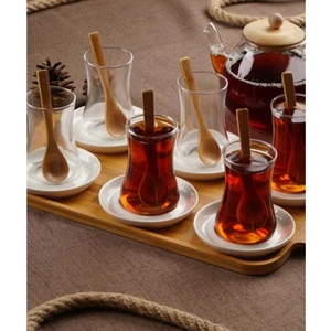 Porselen Tabaklı 6'lı Cam Çay Bardağı+ Bambu Tepsi +KŞKPORJ010941