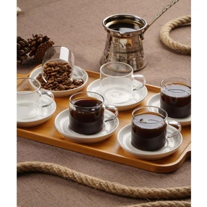 Bambu Tepsi Porselen Tabaklı 6'lı Cam Kahve Bardağı PORJ010943