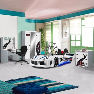 Formula Çocuk Odası Full Audi Koltuklu Ledli Beyaz Arabalı Yatak