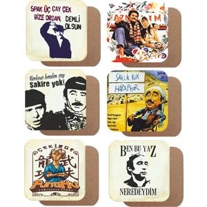 Hayat Poster Yeşilçam Temalı 6 Adet Retro Ahşap Bardak Atlığı Seti
