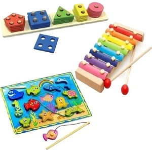 Ahşap Geometrik Şekiller Balık Tutma 8 Nota Selefon Ksilofon 3\'lü Set