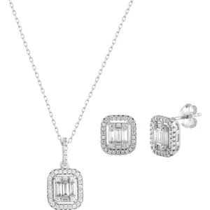 Afrodit Silver Baget Taşlı Kolye Küpe Gümüş Set
