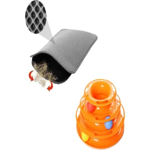 Tineke 2 Li Set Tower Of Tracks Kedi Oyuncağı + Elekli Kedi Tuvalet Paspası (Gri