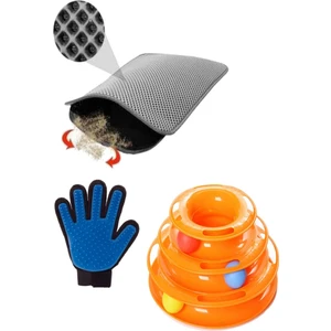 Tineke 3 Lü Set Tower Of Tracks Kedi Oyuncağı + Tüy Toplama Eldiveni +  Elekli Kedi Tuvalet Paspası (Gri