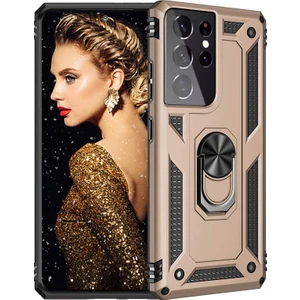Samsung Galaxy S21 Ultra 5g Kılıf Vega Standlı Yüzüklü Mıknatıslı+Full Ekran Koruyucu Gold
