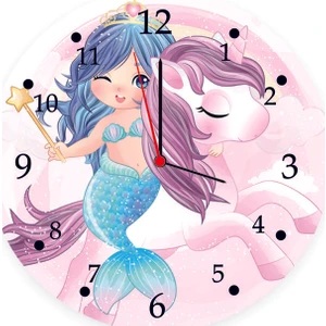 Dekoratif Çocuk Odası Duvar Saati Unicorn ve Deniz Kızı Temalı 35*35 cm