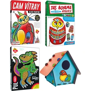 Cam Vitray + Taş Boyama + Pul Sanatı + Kuş Evi (4'lü Set)