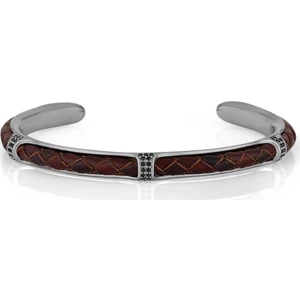 Frnch Zirkon Taşlı  Deri Detaylı Handmade Erkek Kelepçe Bileklik FRJ11165-1265-BR