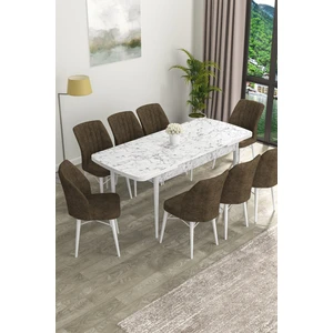 Concept Eva Serisi Mdf Beyaz Mermer  Desenli Açılabilir Mutfak Masa Takımı/beyaz Mermer Desenli Masa + 8 Adet Sandalye