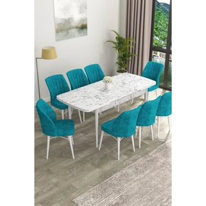 Concept Eva Serisi Mdf Beyaz Mermer  Desenli Açılabilir Mutfak Masa Takımı/beyaz Mermer Desenli Masa + 8 Adet Sandalye