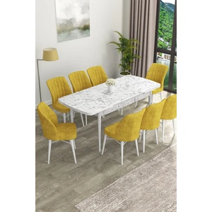 Concept Eva Serisi Mdf Beyaz Mermer  Desenli Açılabilir Mutfak Masa Takımı/beyaz Mermer Desenli Masa + 8 Adet Sandalye