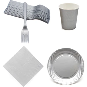 Lora Wedding Gümüş Renkli Plastik Çatal, Peçete, Karton Bardak ve Tabak Seti