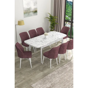 Concept Eva Serisi Mdf Beyaz Mermer  Desenli Açılabilir Mutfak Masa Takımı/beyaz Mermer Desenli Masa + 8 Adet Sandalye