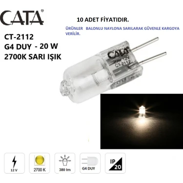 Cata 10 Adet Cata CT-2112 12V 20W Kapsül Ampul Lamba G4 Duy Günışığı Iğne Ayaklı Avize