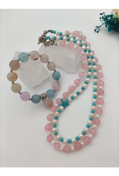 Stoneage Pembe Kuvars ve Inci Kolyesi