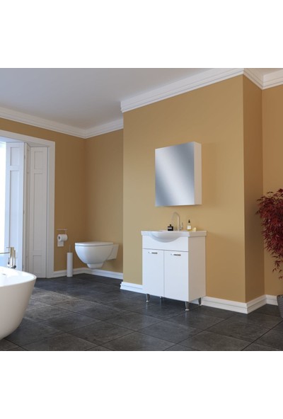 Banos AL1 Metal Ayaklı 2 Kapaklı Lavabolu Beyaz Mdf 65 cm Banyo Dolabı + Aynalı Banyo Üst Dolabı
