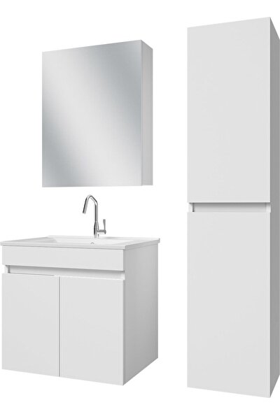 Banos TM3 Ayaksız 2 Kapaklı Lavabolu Beyaz Mdf 65 cm Banyo Dolabı + Aynalı Banyo Üst Dolabı + Banyo Boy Dolabı