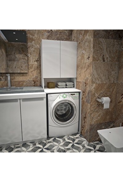 Banos Cd7 Çok Amaçlı Banyo Üst Dolaplı Çamaşır Makinesi Dolabı Takımı - Beyaz